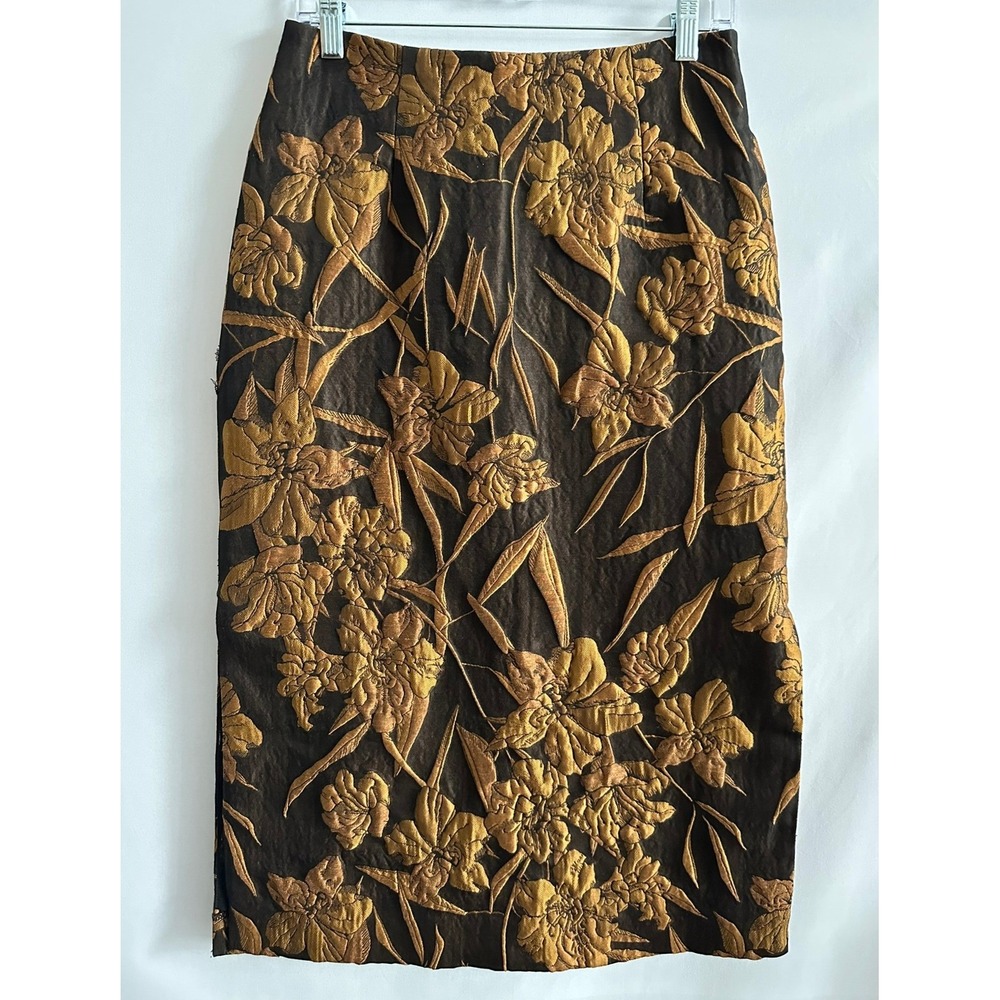 Shannon McLean Floral Brocade Midi Pencil Skirt Size 8/Medium Brown Gold Luxe